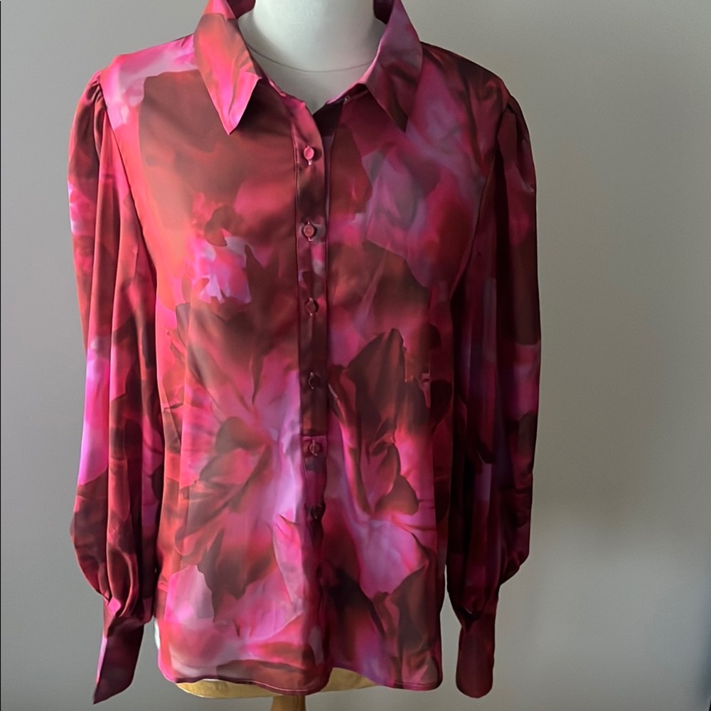 Red and Pink Graphic Blouse with Long Sleeves and Notched Collar